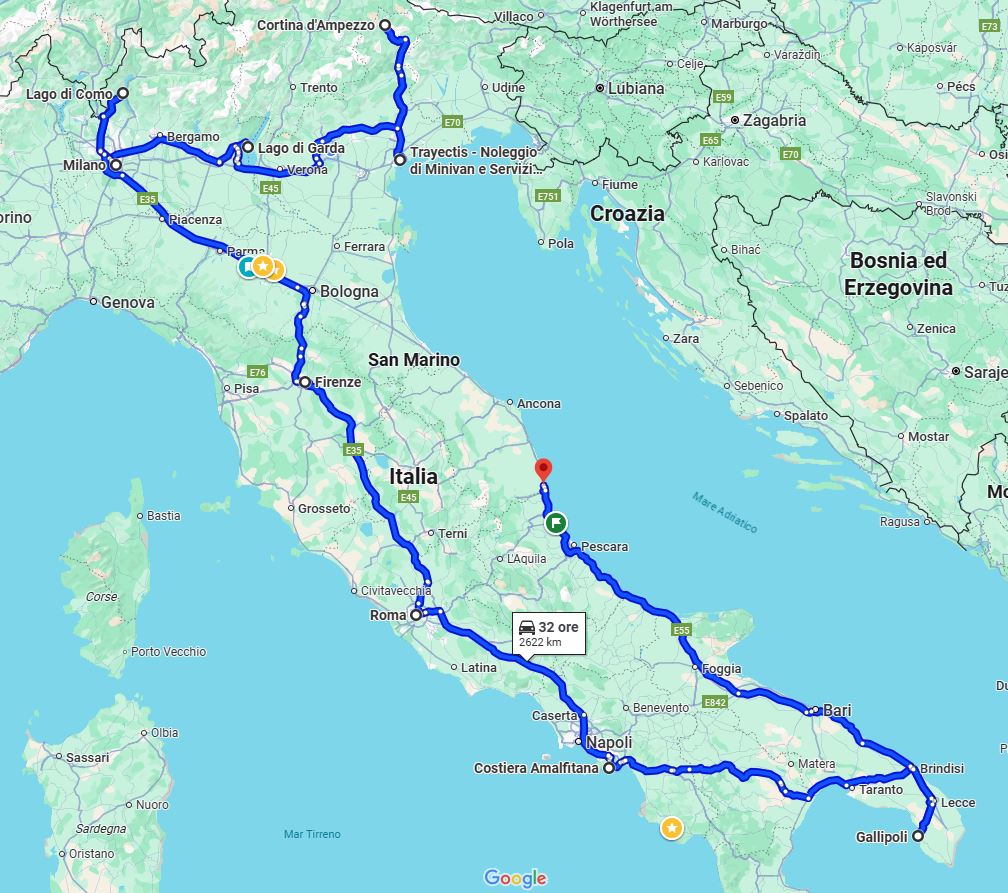 Itinerary from north to south through Italy in 15 days